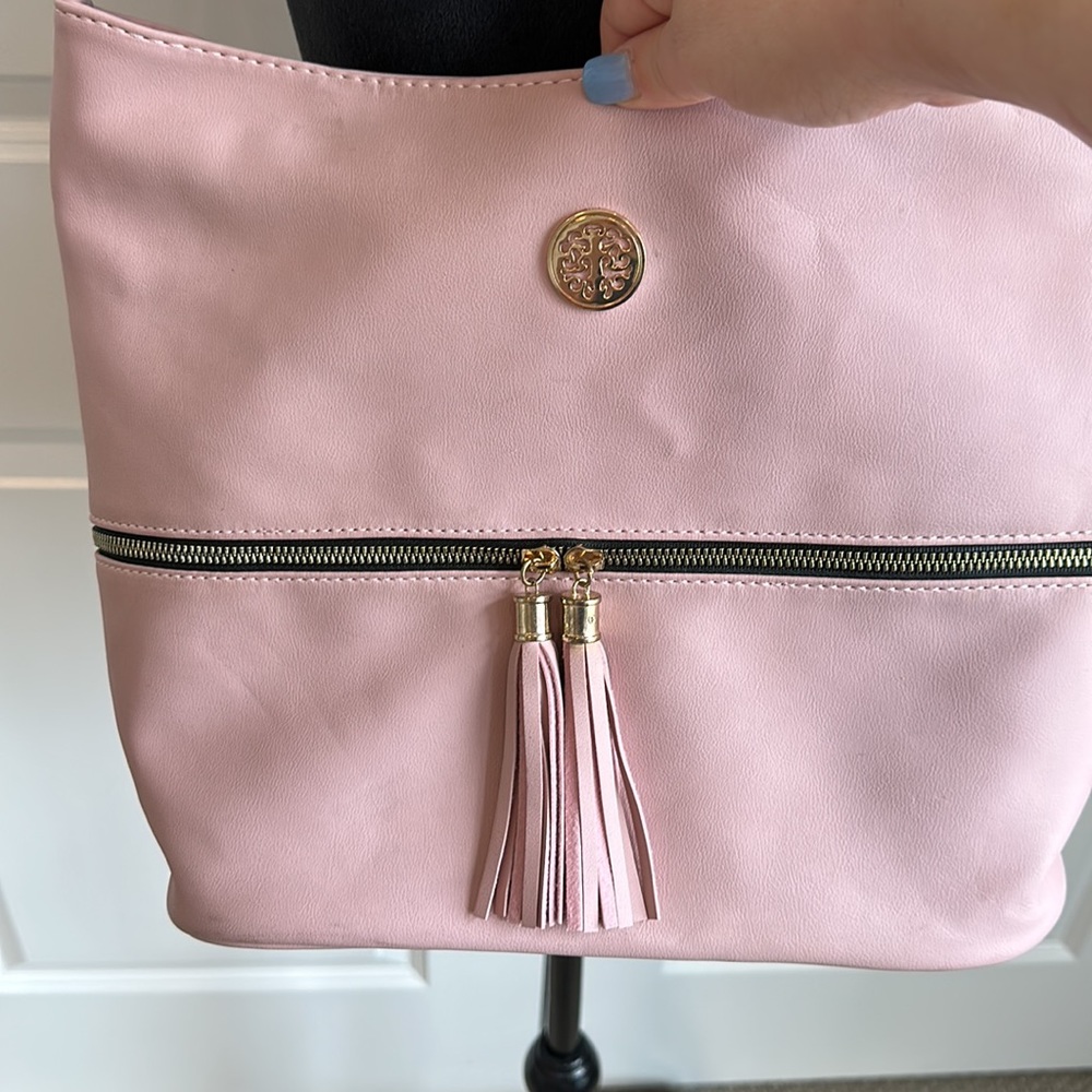Pink Faux Leather Crossbody Bucket Satchel with Tassels - Picture 2 of 10